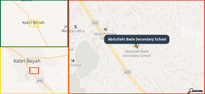 Map showing the address of Abdullahi Bade Secondary School in three different zoom levels.