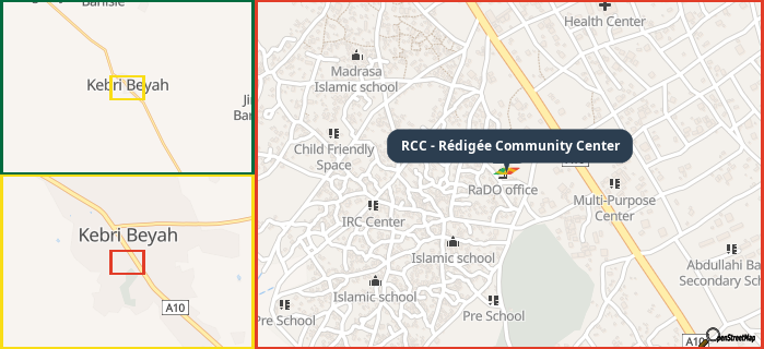 Map showing the address of RCC - Rédigée Community Center in three different zoom levels.