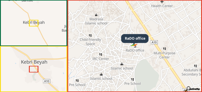 Map showing the address of RaDO office in three different zoom levels.