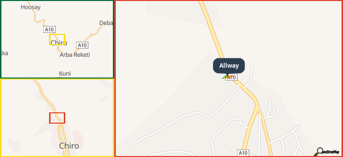 Map showing the address of Allway in three different zoom levels.