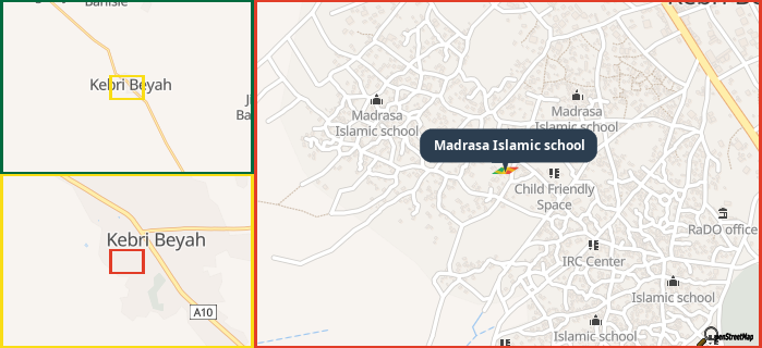 Map showing the address of Madrasa Islamic school in three different zoom levels.