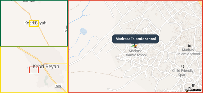 Map showing the address of Madrasa Islamic school in three different zoom levels.