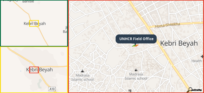 Map showing the address of UNHCR Field Office in three different zoom levels.