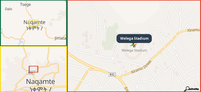 Map showing the address of Welega Stadium in three different zoom levels.