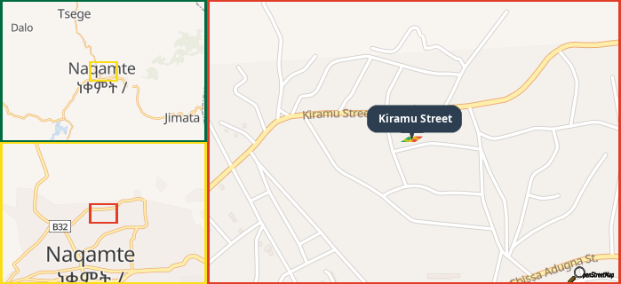 Map showing the address of Kiramu Street in three different zoom levels.