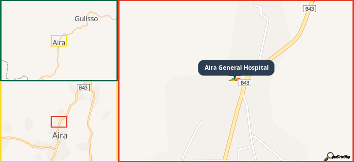 Map showing the address of Aira General Hospital in three different zoom levels.