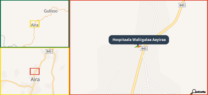 Map showing the address of Hospitaala Waliigalaa Aayiraa in three different zoom levels.