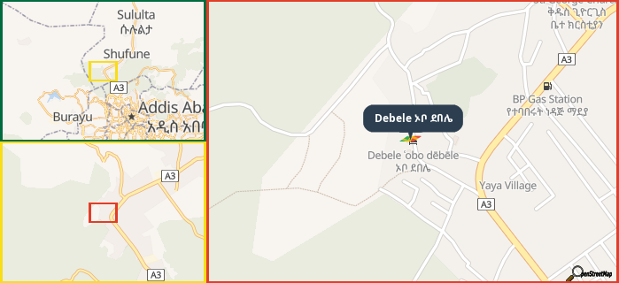 Map showing the address of Debele ኦቦ ደበሌ in three different zoom levels.
