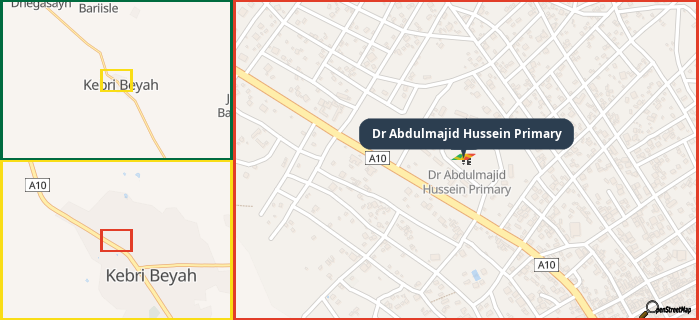 Map showing the address of Dr Abdulmajid Hussein Primary in three different zoom levels.