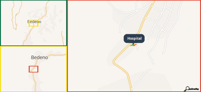 Map showing the address of Hospital in three different zoom levels.