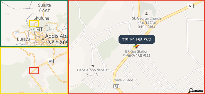 Map showing the address of የተባበሩት ነዳጅ ማደያ in three different zoom levels.