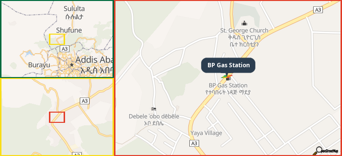 Map showing the address of BP Gas Station in three different zoom levels.