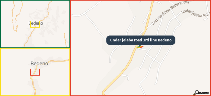Map showing the address of under jelaba road 3rd line Bedeno in three different zoom levels.