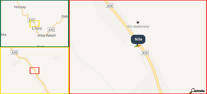 Map showing the address of Nile in three different zoom levels.