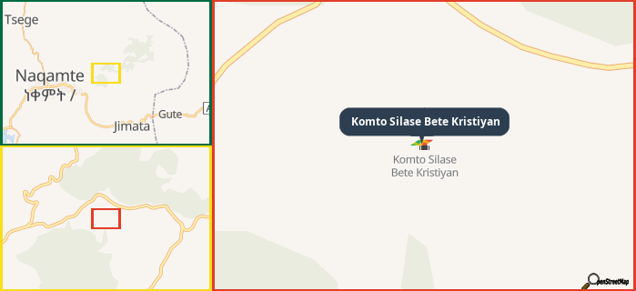 Map showing the address of Komto Silase Bete Kristiyan in three different zoom levels.