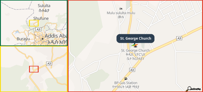 Map showing the address of St. George Church in three different zoom levels.