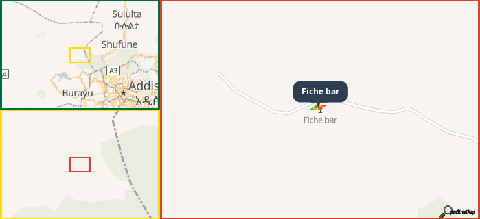 Map showing the address of Fiche bar in three different zoom levels.