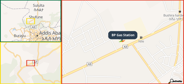 Map showing the address of BP Gas Station in three different zoom levels.
