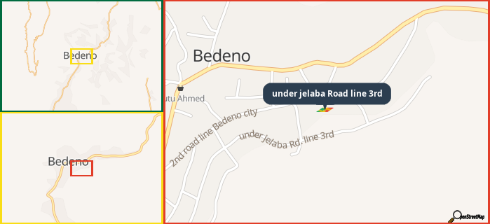 Map showing the address of under jelaba Road line 3rd in three different zoom levels.