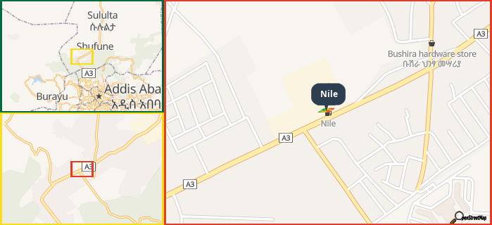 Map showing the address of Nile in three different zoom levels.