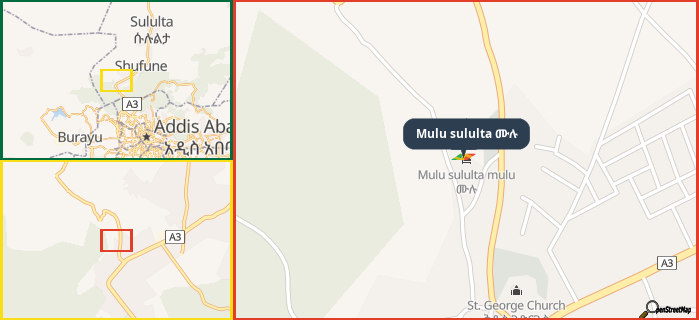 Map showing the address of Mulu sululta ሙሉ in three different zoom levels.