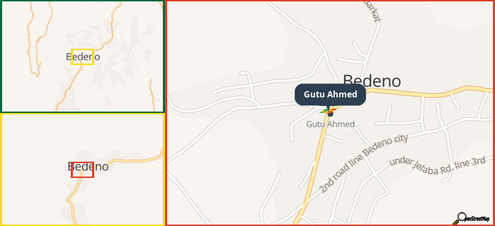 Map showing the address of Gutu Ahmed in three different zoom levels.