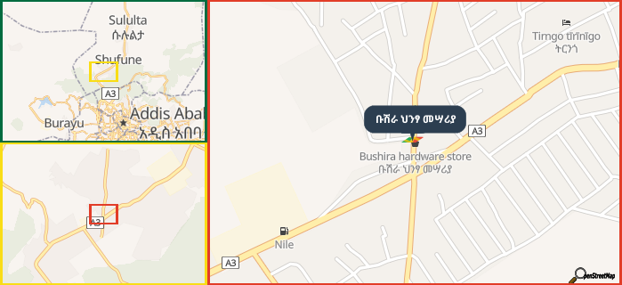 Map showing the address of ቡሽራ ህንፃ መሣሪያ in three different zoom levels.
