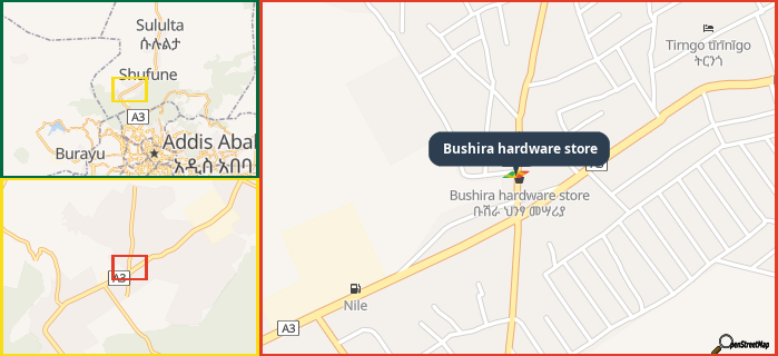 Map showing the address of Bushira hardware store in three different zoom levels.