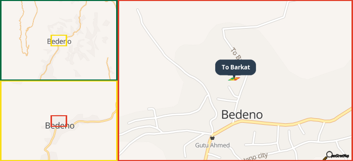 Map showing the address of To Barkat in three different zoom levels.