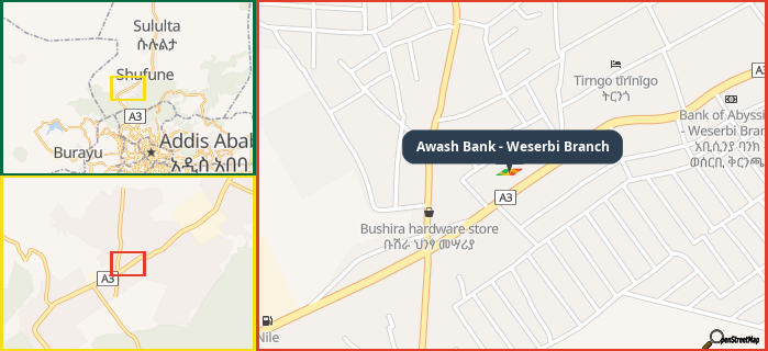 Map showing the address of Awash Bank - Weserbi Branch in three different zoom levels.