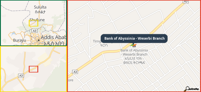 Map showing the address of Bank of Abyssinia - Weserbi Branch in three different zoom levels.