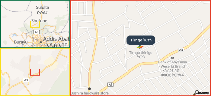 Map showing the address of Tirngo ትርንጎ in three different zoom levels.