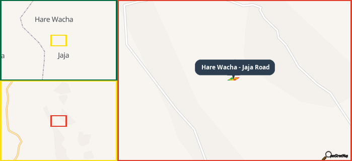 Map showing the address of Hare Wacha - Jaja Road in three different zoom levels.