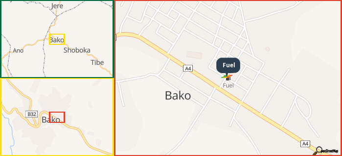 Map showing the address of Fuel in three different zoom levels.