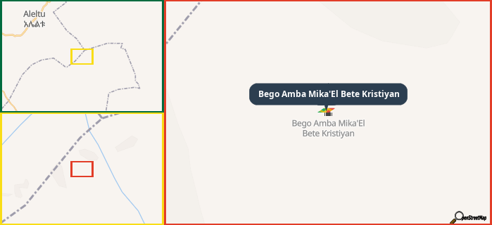 Map showing the address of Bego Amba Mika'El Bete Kristiyan in three different zoom levels.