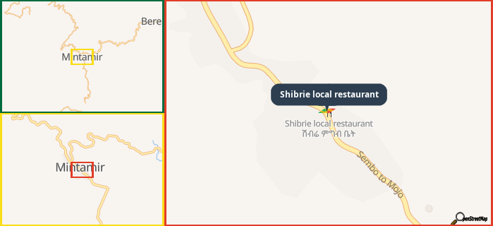 Map showing the address of Shibrie local restaurant in three different zoom levels.