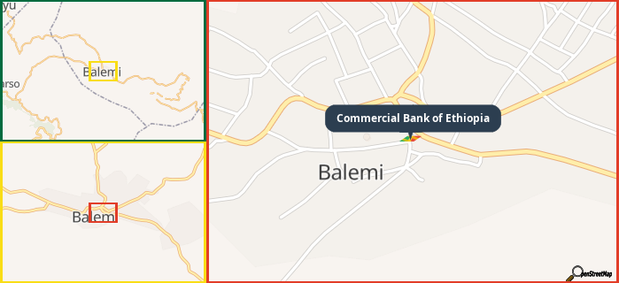Map showing the address of Commercial Bank of Ethiopia in three different zoom levels.