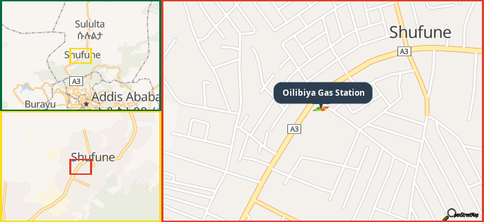 Map showing the address of Oilibiya Gas Station in three different zoom levels.