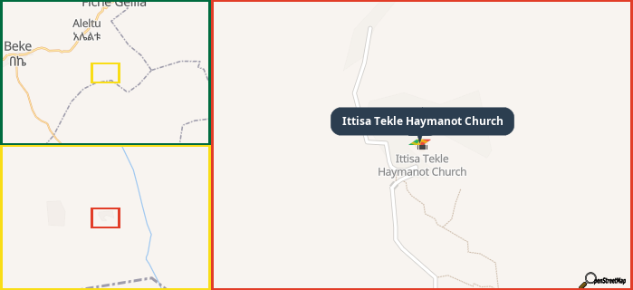 Map showing the address of Ittisa Tekle Haymanot Church in three different zoom levels.