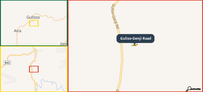 Map showing the address of Guliso-Genji Road in three different zoom levels.