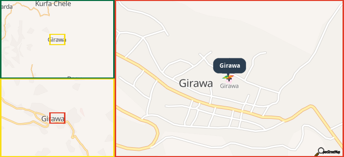 Map showing the address of Girawa in three different zoom levels.