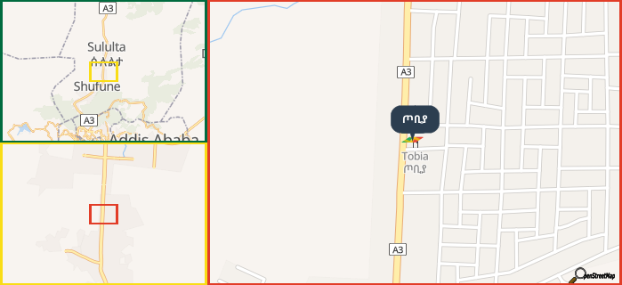 Map showing the address of ጦቢያ in three different zoom levels.