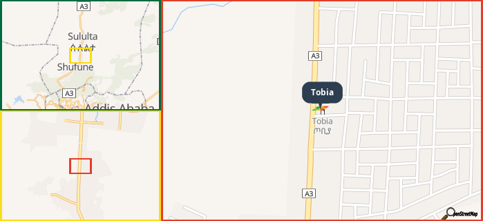 Map showing the address of Tobia in three different zoom levels.