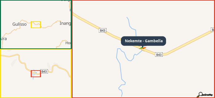 Map showing the address of Nekemte - Gambella in three different zoom levels.