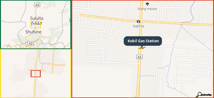 Map showing the address of Kobil Gas Station in three different zoom levels.
