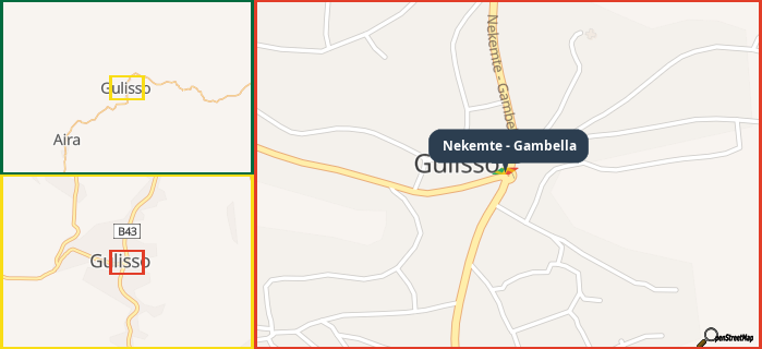 Map showing the address of Nekemte - Gambella in three different zoom levels.