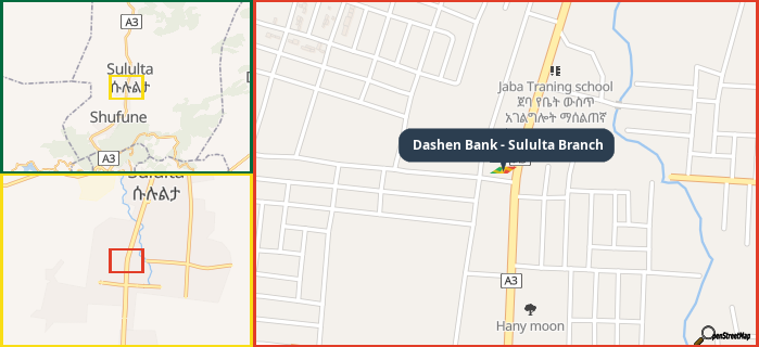 Map showing the address of Dashen Bank - Sululta Branch in three different zoom levels.