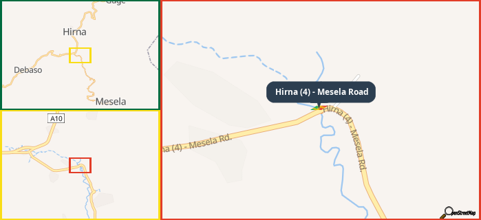 Map showing the address of Hirna (4) - Mesela Road in three different zoom levels.