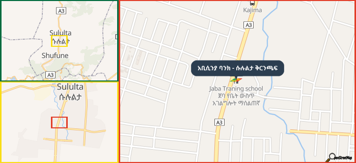 Map showing the address of አቢሲንያ ባንክ - ሱሉልታ ቅርንጫፍ in three different zoom levels.