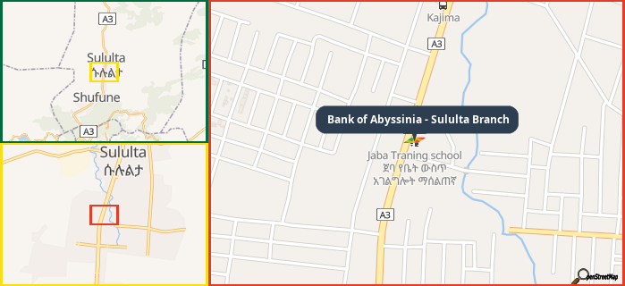 Map showing the address of Bank of Abyssinia - Sululta Branch in three different zoom levels.